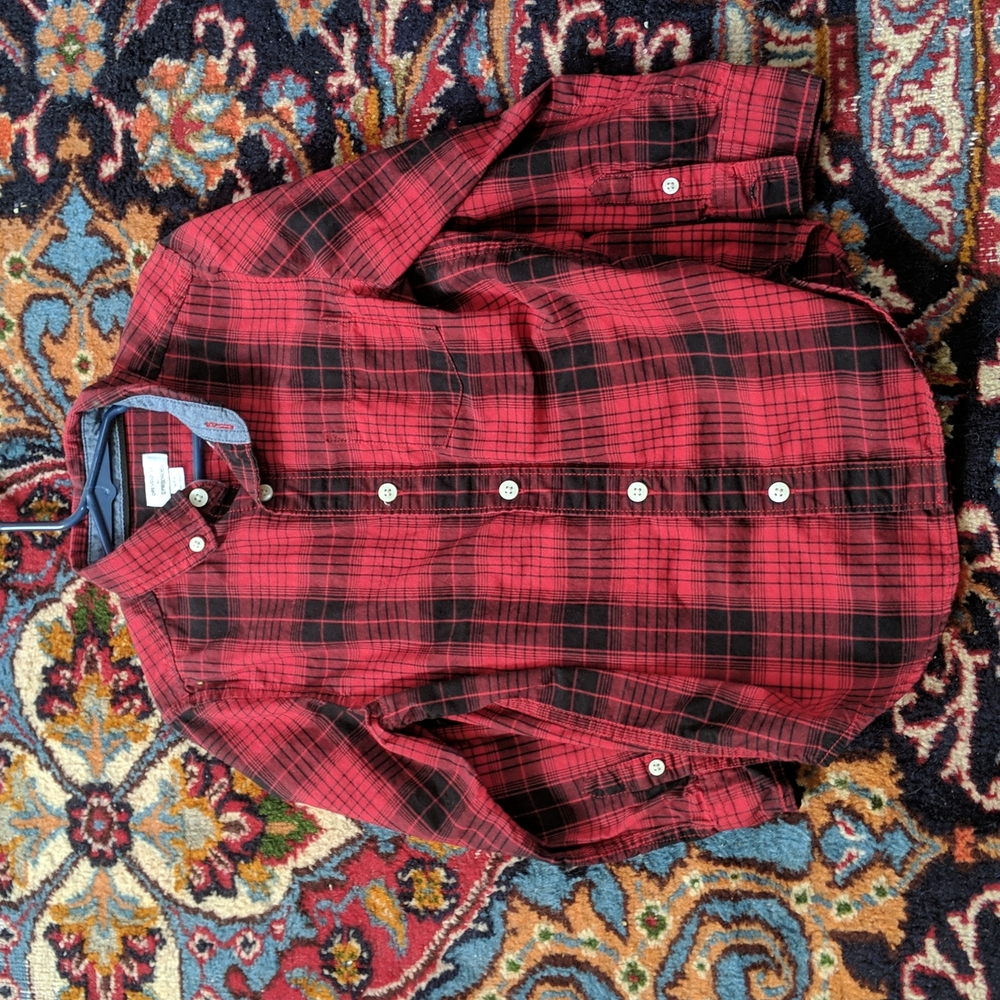 "Dressed Up" by Gymboree red and black plaid boys button down shirt. No flaws.